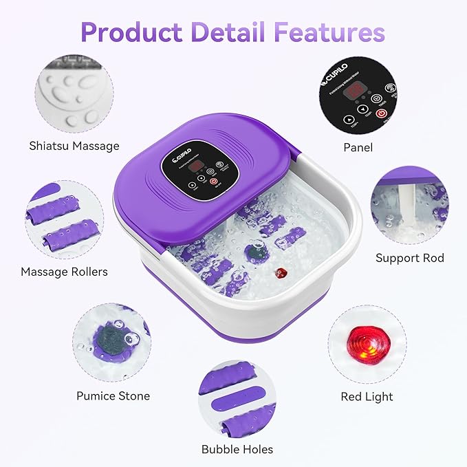 Foot Spa Bath Massager with Heat, Collapsible Foot Massager Spa Soaking Tub with Bubble, Pedicure Foot Spa for Relaxation, Gifts(Purple)