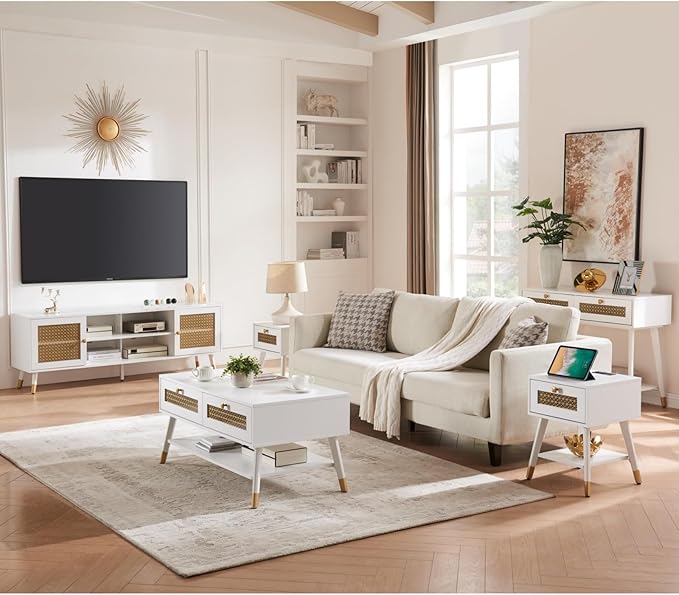 White TV Stand for Living Room,66" Modern Entertainment Center with Storage Cabinets, Fluted Boho TV & Media Console (White and Gold,)