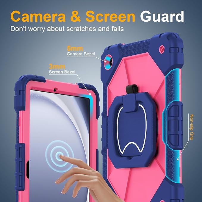 Case for Samsung Galaxy Tab A9 Plus 11 Inch 2023(SM-X210/X216/X218), Auorld Rugged Case for Samsung Galaxy A9+ Tablet with Screen Protector 360 Rotating Stand Shoulder Strap Pen Holder, Navy Pink