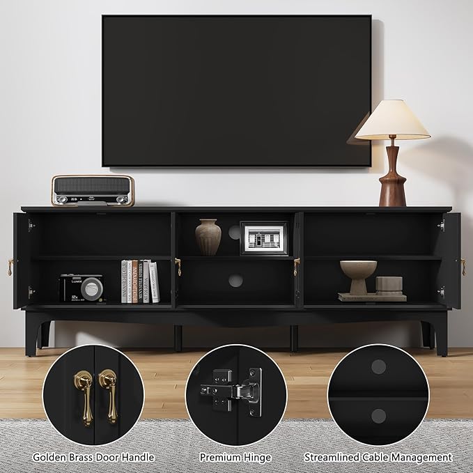 ARTPOWER 67“ Mid-Century Modern TV Stand for TVs up to 70”,Entertainment Center with Door Cabinets and Open Shelves,TV Console with Storage,Black Media Cabinet for Living Room,Bedroom