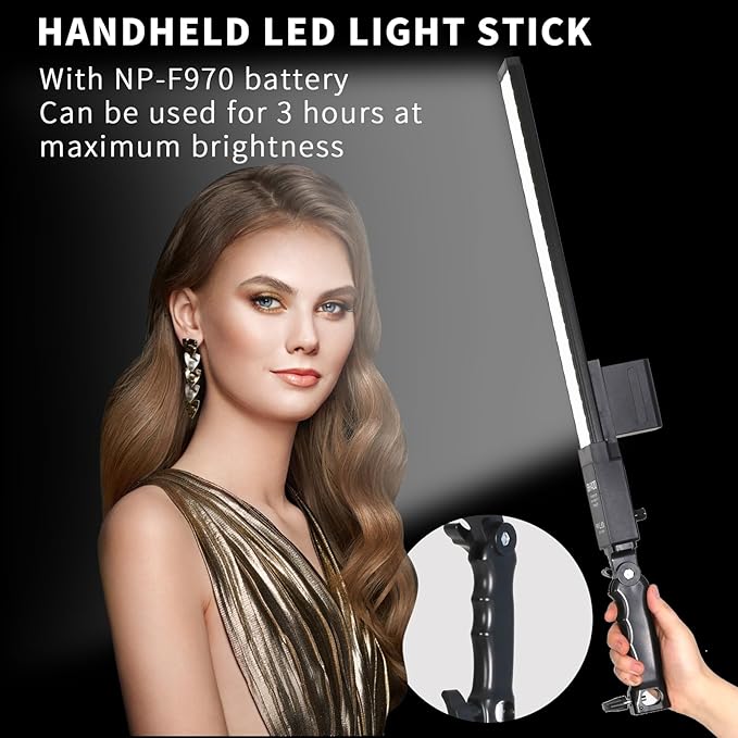 Photography Lighting, Battery Powered Portable Handheld Wand Dimmable LED Studio Light Stick Kit with NP-F970 Li-ion Battery, Stand, Remote for YouTube Video Recording, Streaming, Portrait