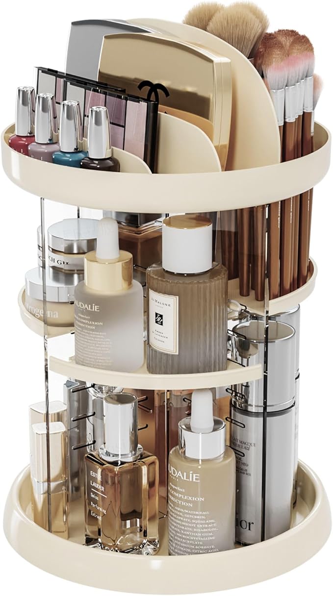Beige 360 Rotating Makeup Organizer for Vanity - 6 Tier Adjustable Spinning Bathroom Counter Cosmetic Display Cases and Makeup Holder for Palette,Eyeshadow,Brush,Cologne Organizer