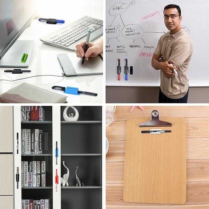 20 Pack Pen Holder Silicone,Adhesive Pen Holder for Desk,Marker Clip for Classroom Office Desk Accessories, Pencil Holder with 20 Double Sided Extra Sticky Tape (Red)