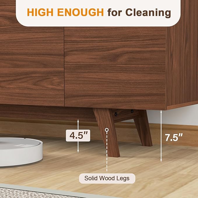 ANJ TV Stand for 80 inch TV, Mid-Century Modern TV Console with Storage Cabinet, Wooden Television Furniture for Living Room, Entertainment Center with Adjustable Shelf Design, Walnut