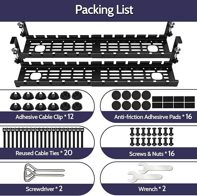 Shikha 2 Pack Cable Management Under Desk, 15.7"-31" Retractable Cable Management Tray, No Drilling Cord Organizer with Clamp for Desk, Under Table Wire Management Tray for Home Office