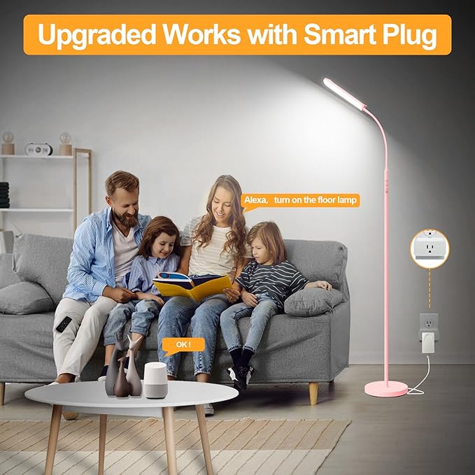 Pink LED Bright Floor Lamp with Remote & Smart Plug, Dimmable Eye-Caring Reading Light for Living Room, Bedroom, Office
