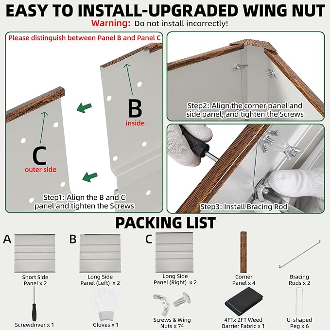 G GOOD GAIN 4x2x1.8ft Raised Garden Bed - Metal Planter Box Outdoor with Weed Barrier Fabric | Deep Root Raised Beds for Gardening Vegetables Flowers Herb Fruits (Wood Grain)