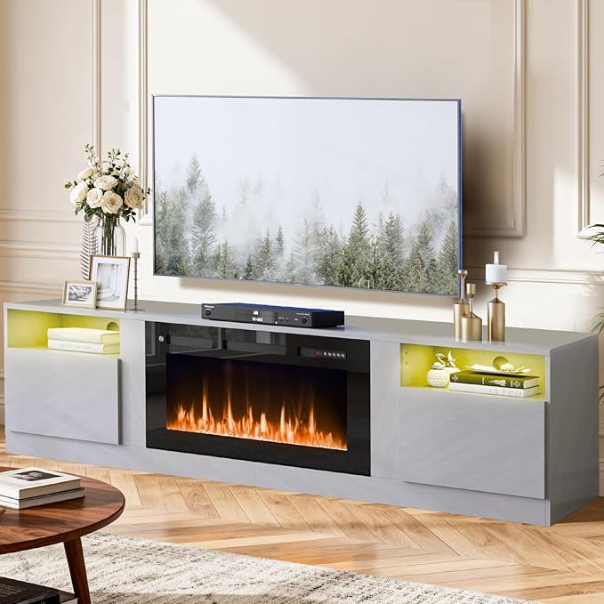 80” TV Stand with 36” Electric Fireplace, Large Modern Media Entertainment Center with Storage Cabinet and 12 Colors LED Lights for TVs Up to 90",Grey and Black