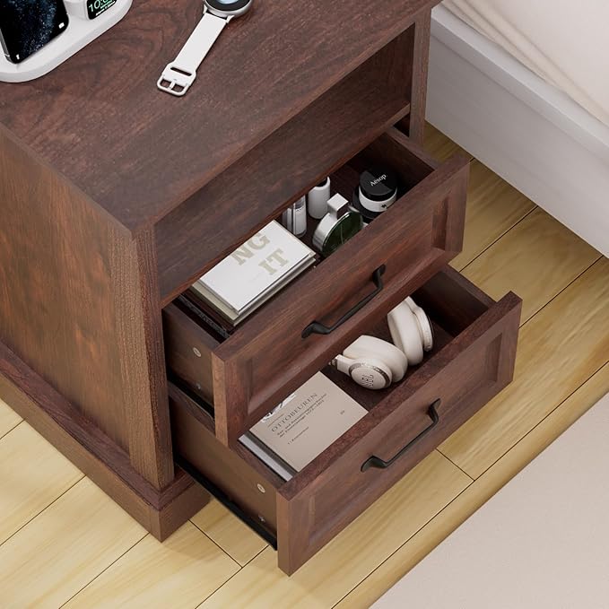 HOMMPA 18'' Farmhouse Nightstand with Charging Station, Bedside Tables with Storage, Bed Side End Table with Open Shelf, 2 Drawers Wood Night Stand Dresser for Bedroom, Living Room, Maroon Brown