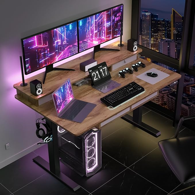 55 * 30 Inches Electric Standing Widened Desk Adjustable Height with 4 Drawers, Double Storage Shelves Stand Up Desk, Home Office Workstation Sit Stand up Desk (Light Rustic Brown)