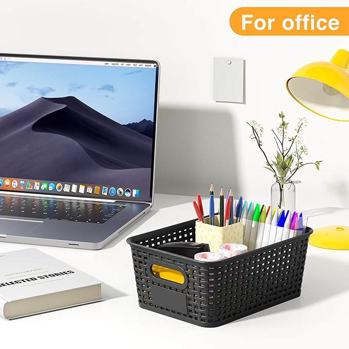 Black Plastic Storage Baskets - Pack of 8 with Labels Stackable Durable Storage Bins, Storage Containers for Organizing Desktops, Closets, Playrooms, Classrooms, Offices