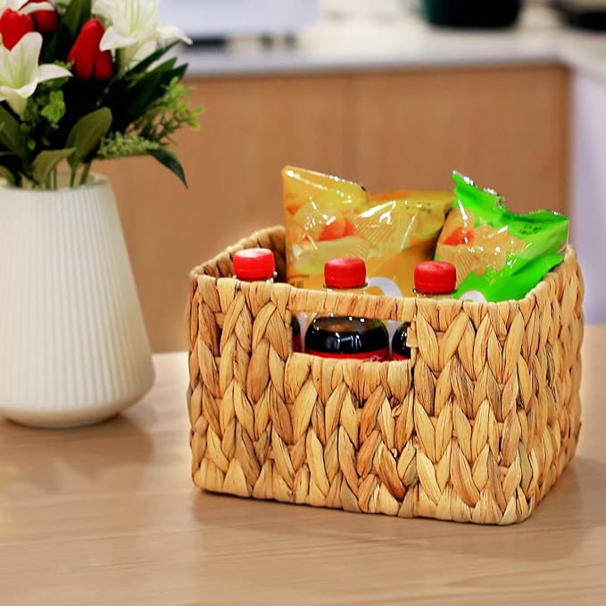 HOONEX Water Hyacinth Storage Baskets, Wicker Baskets for Storage, Hand Woven Baskets with Carry Handles, Set of 3, Natural