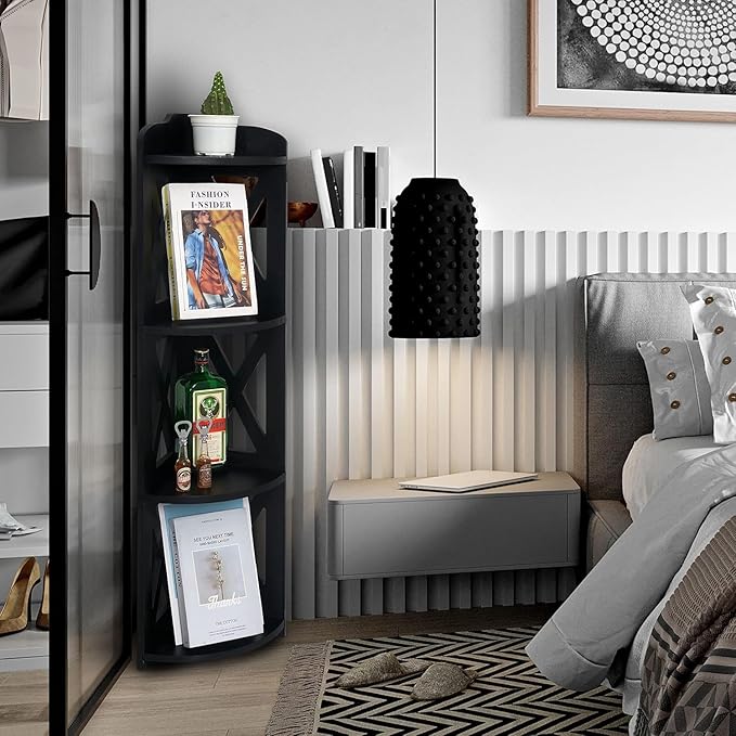 NHZ Corner Shelf Stand, Wood Corner Bookshelf, Corner Bookcase and Plant Stand (Black, 4 Tier)