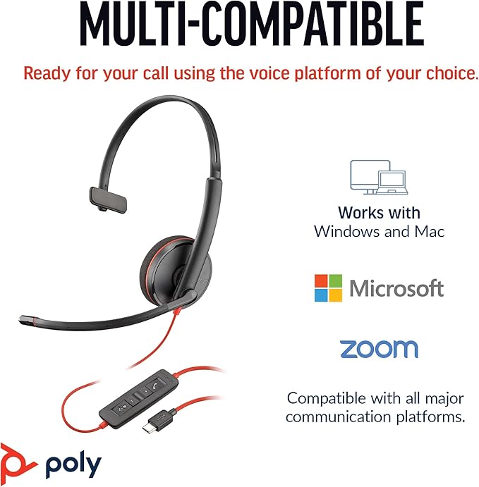 Poly Blackwire 3210 Wired Headset, Noise-Canceling Mic, Single-Ear Design, Connect to PC/Mac via USB-C or USB-A, Works with Teams & Zoom, Amazon Exclusive (9P7X7AA)