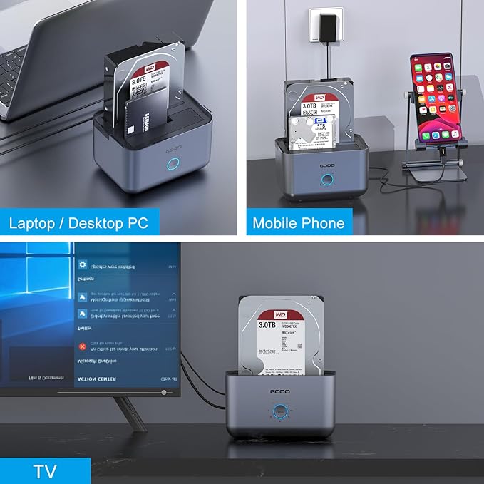 GODO Hard Drive Docking Station to USB 3.0 Type C,Dual Bay Hard Drive Dock for SATA 2.5/3.5 inch HDDs/SSDs with LED Indicator,Support Offline Clone/Duplicator 2 * 18TB Grey