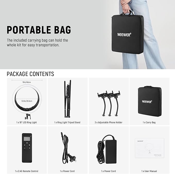 NEEWER RP19H Ring Light 19 Inches with Stand and 3 Phone Holders, Upgraded Touch Control, Smooth Dimming at 1%, 42W CRI 97+ 2540lux, Professional for Streaming Home Office Zoom Call Lighting