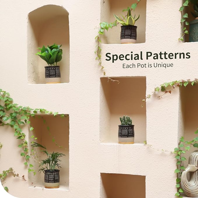 TAMAYKIM 5.5 Inch Ceramic Plant Pots Sets with Drainage Holes, Retro Style Black Flower Planter Pot with Saucer for Indoor Outdoor Succulent, Snake Plants, Cactus & Herbs, Set of 4