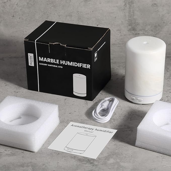 Koville White Marble Essential Oil Diffuser - Ultrasonic Aromatherapy & Humidifier with 2-Color LED Lights, 110ML Decorative Marble Aromatherapy Diffuser, Auto Shut-Off, Scent for Home, Office, Yoga