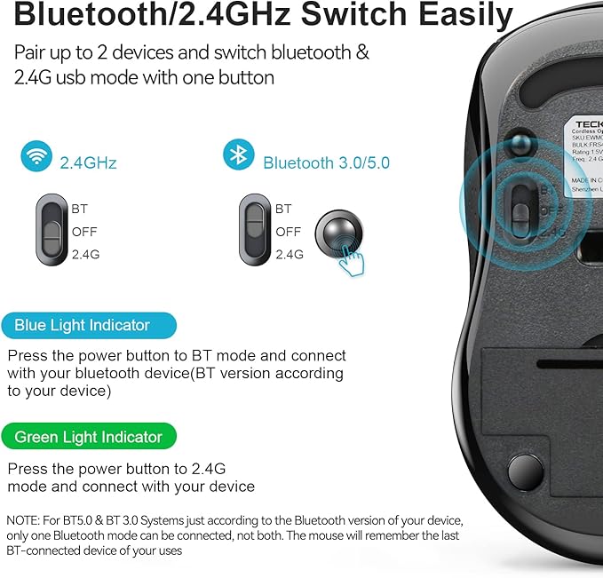 TECKNET Bluetooth Mouse, 4000DPI Wireless Mice for Laptop 2-in-1(BT 5.0/3.0+2.4Ghz) Computer Portable PC Mouse Wireless with USB Receiver for Mac (USB-A+Bluetooth, Light Black)