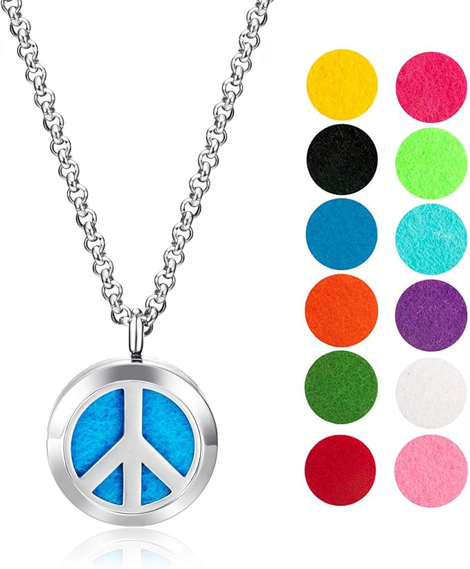 Wild Essentials Peace Sign Necklace Essential Oil Diffuser Kit with Lavender, Lemongrass, Peppermint, Orange Oils, 12 Refill Pads, Calming Aromatherapy Gift Set, Customizable Color Changing, Perfume