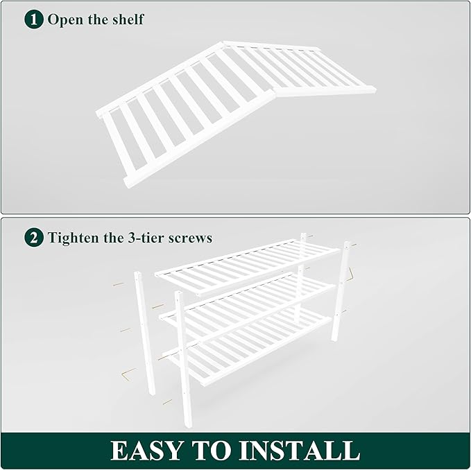 Smiry Bamboo Shoe Rack for Closet, 3 Tier Long Wooden Stackable Shoe Organizer, Free Standing Shoes Storage Shelf for Entryway, Front Door Entrance, White