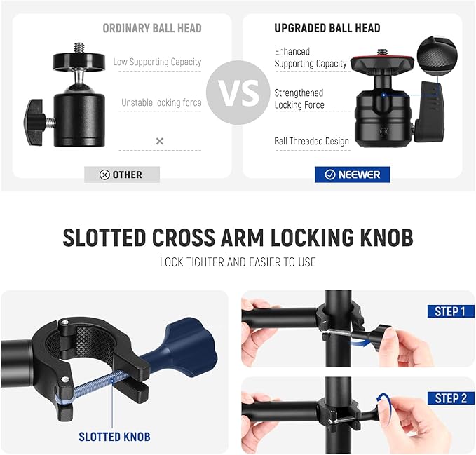 NEEWER TL253A+DS001 Table Camera Tripod with 2 Telescopic Arms, Phone Holder, Ball Heads, Screw Adapter, Table Light Stand for Camera, Mobile Phone, Webcam, Ring Light