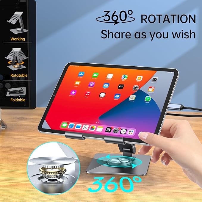 Adjustable Tablet Stand with USBC Hub 7-in-1, Aluminum Tablet Holder with Docking Station, 360° Swivel Base, 4K HDMI, 100W PD Charging, USB 3.0, SD/TF Reader, 3.5mm Audio, for iPad with USB-C Port