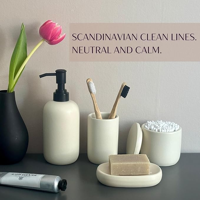 Ceramic Bathroom Accessories Set 4 Pcs - Modern Scandinavian Neutral Soap Dish & Dispenser Toothbrush Holder Cup - Minimalist Countertop Accessory Set - Cream Light Beige Off-White Bathroom Decor