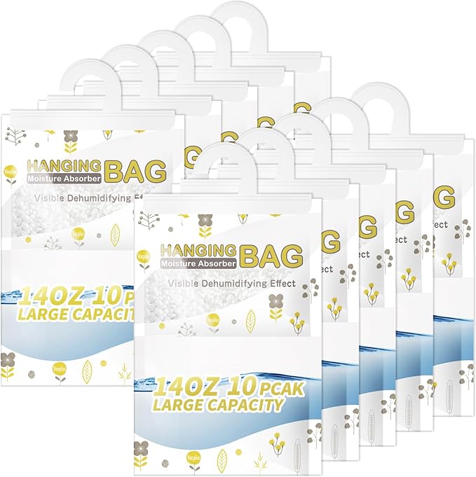 Vacplus Moisture Absorbers, Hanging Closet Dehumidifier Bags, Humidity Packs, Desiccant, Closet Dehumidifiers with Fragrance Free, 10 Pack, 14.0 OZ