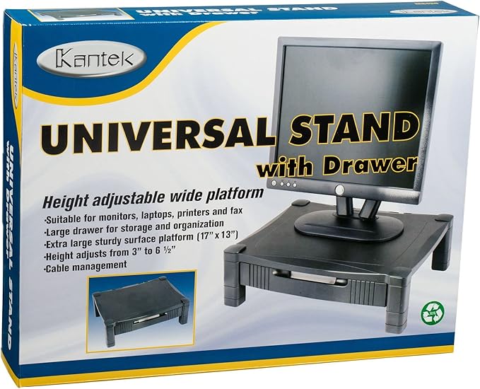 Kantek Monitor Stand With Drawer, 17" X 13.25" X 3" To 6.5", Black, Supports 50 Lbs
