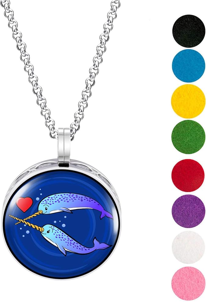 Wild Essentials Narwhals Enamel Finish Essential Oil Diffuser Necklace Gift Set - Includes Aromatherapy Pendant, 24" Stainless Steel Chain, 8 Color Refill Pads