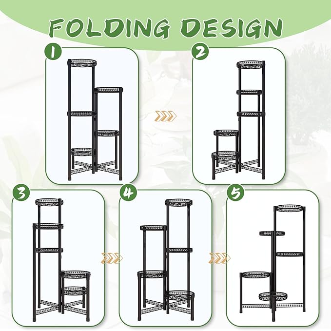 5-Tier Metal Plant Stand Indoor Outdoor - Corner Tall Plant Shelf for Multiple Plants, Foldable Heavy Duty Plant Holder - Decoration flower Stand for House Living Room Balcony Garden Patio - Black