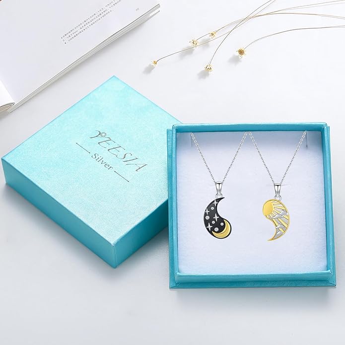 Yin Yang Necklaces 925 Sterling Silver Friendship Sun Moon/Mountain/Dolphin/Tree of Life/Flower/Wings Pendant Necklace Moonstone Abalone Opal Jewelry for Women Men Couples