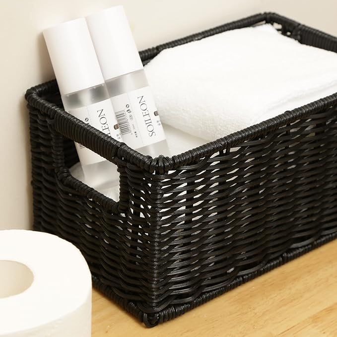 HOONEX Wicker Baskets for Storage, Plastic Baskets for Organizing with Dual Handles, Woven Baskets for Storage, Set of 2, Black