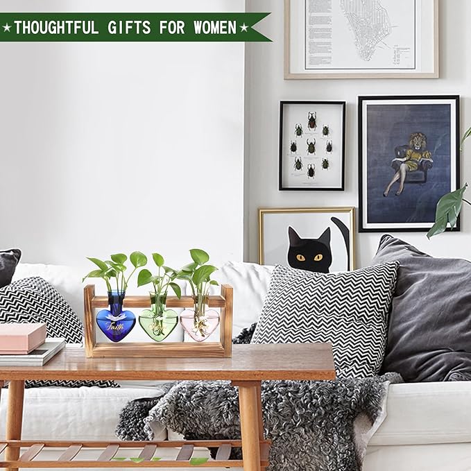 Plant Terrarium Propagation Stations Faith Hope Love Hydroponics Home Garden Decoration Gift for Women with Wooden Stand Heart Shaped Colored Glass Vase