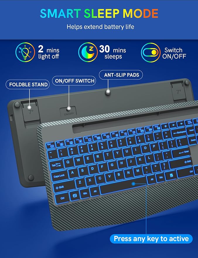 Wireless Keyboard with 7 Colored Backlit, Wrist Rest, Phone Holder, Rechargeable Ergonomic Computer Keyboard with Silent Key, Full Size Lighted Keyboard for Windows, MacBook, PC, Laptop (Gray)