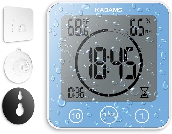 KADAMS Shower Clock Waterproof Bathroom Timer – Digital Wall Clock with Countdown, Magnetic Kitchen Clock with Temperature & Humidity, Suction Cup for Kids Shower Spa Sauna Cook Bath, Blue