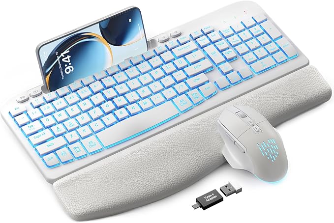 SABLUTE Wireless Keyboard and Mouse Combo - Ergonomic Wave Keyboard with Soft Leather Wrist Rest, Phone Holder, Rechargeable, RGB Backlit Mouse, Full-Size Set for Windows/Mac/Computer (White)