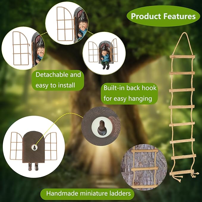Garden Gnomes Decoration Outdoor Tree Faces Decor with Hanging Ladder for Yard, Elf Out The Door Tree Hugger Resin Garden Sculpture Peeker Yard Art Ornament Whimsical Gnome Decor for Patio Yard Lawn