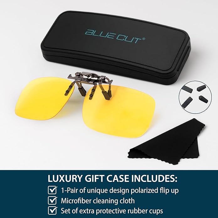 BLUE CUT Clip on Polarized Night vision Glasses Flip up Sunglasses UV-400 to Wear Over prescription Glasses for night driving