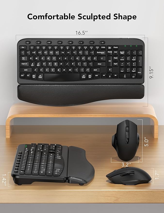 Wireless Keyboard and Mouse Combo – Ergonomic Wave Key, Built-in Leather Soft Palm Rest, 2.4G Full Size, 8 Hotkeys, 6-Button Mouse with 4-Level DPI, Dual USB-A/USB-C, Windows & macOS Compatible