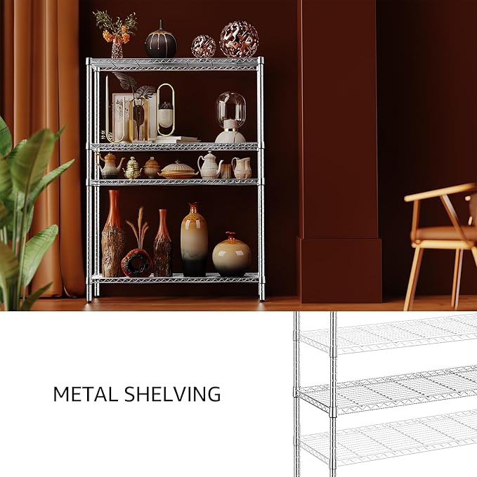 IZEUK 4-Tier Adjustable Heavy Duty Metal Wire Shelving Unit, Wide Storage Rack Organizer for Garage, Kitchen, Office, Dorm, Warehouse (Silver, 15.8" D x 45.8" W x 59.4" H, 1400 lbs Capacity)