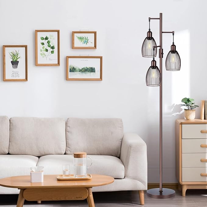 Dimmable Floor Lamp, Industrial Floor Lamps for Living Room, Brown Tree Lamp Standing Lamp Tall Lamps with 3 Elegant Teardrop Cage Head & 800 Lumens LED Bulbs for Living Room Bedroom Office