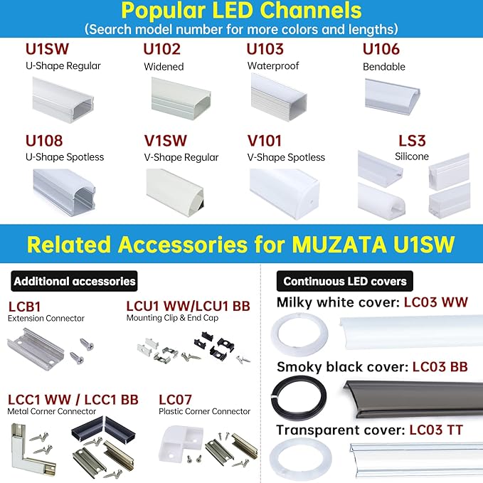 Muzata 10Pack 6.6FT/2M LED Channel Black Aluminum U Shape LED Diffuser Channel with Milky White Cover Easy Installation U1SW BW 2M