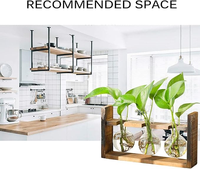 Kingbuy Glass Plant Terrarium - 3 Bulbs Propagation Station with Retro Wood Stand Indoor Garden Planter, Bulb Vase & Desktop Decor for Home Kitchen Wedding, Gift for Women & Plant Lover