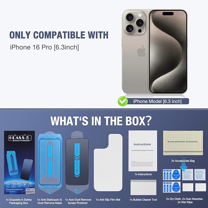 2-Pack Screen Protector for iPhone 16 Pro, 9H Tempered Glass, High Definition Clear, Full Coverage, Anti-Fingerprint, Auto Dust-Elimination, No Bubble, Easy Installation