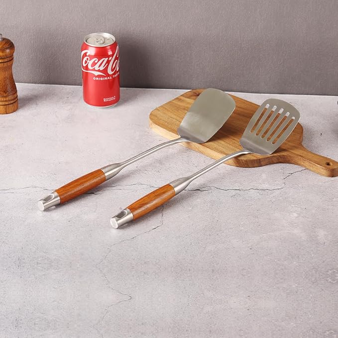 18/10 Stainless Steel Spatulas Set - 15” Long Spatulas for Kitchen, Metal Cooking Utensils - 1 Slotted Spatula + 1 Solid Turner (style B - roosewood handle)