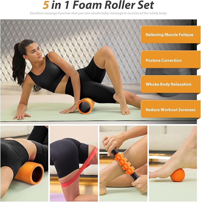 5 in 1 Foam Roller Set - Trigger Point Foam Back Roller, Muscle Roller Stick, Massage Ball, Stretching Band for Deep Muscle Massage Pilates Yoga,Fitness Exercise for Whole Body Release (Pure Orange)