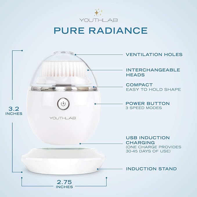 YouthLab Pure Radiance, Vibrating Facial Cleansing Brush, Electric, 3 Modes, 3 Brush Heads (2 Bristle,1 Silicone), Waterproof, Rechargeable, Smart Timer, Exfoliating, Massage (Silver)