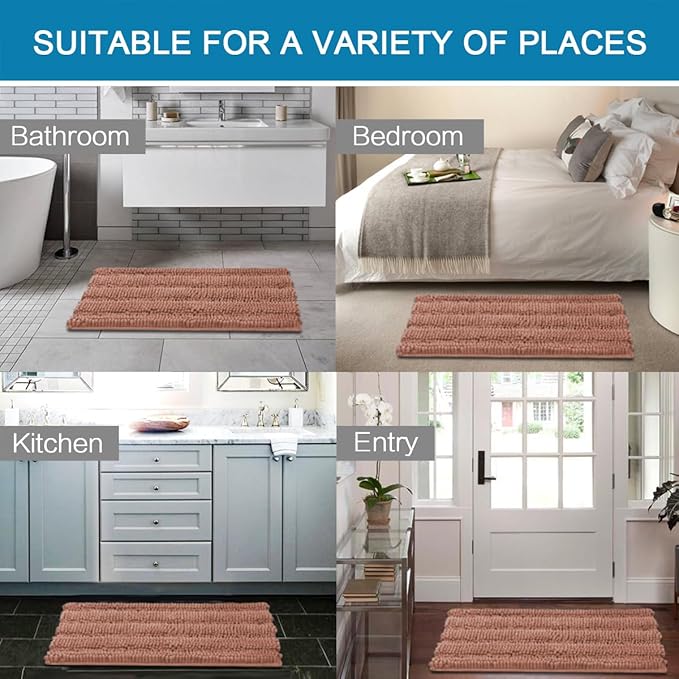 H.VERSAILTEX Bathroom Rugs Bath Rugs for Bathroom Non Slip Bath Mats Extra Thick Chenille Striped Rug 17" x 24" Absorbent Soft Shaggy Washable Dry Fast Bath Mats - Muted Clay